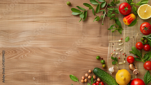 Fresh vegetables and fruits on wooden background.