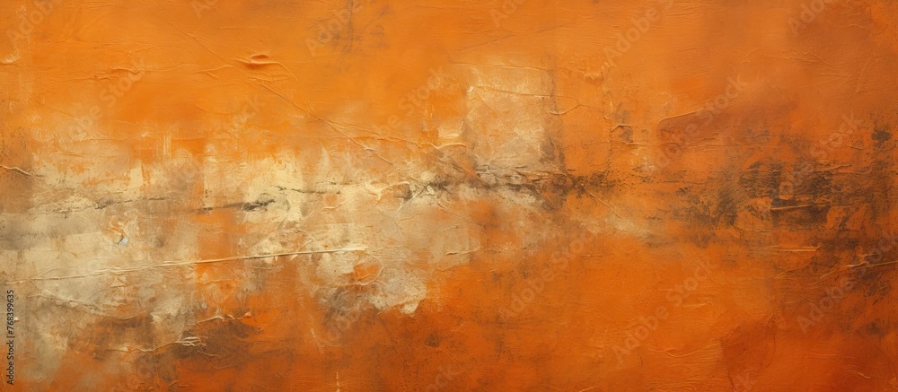 A closeup shot of a painting with shades of brown, amber, orange, and peach, forming a beautiful pattern on a wall resembling a wood flooring rectangle