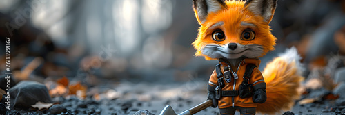 3D Fox in Construction Outfit Holding a Hammer, A cartoon fox with a helmet and armor