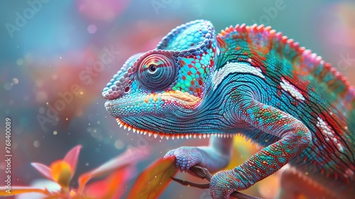 Image of bright colorful chameleon with blurred background © MochRibut
