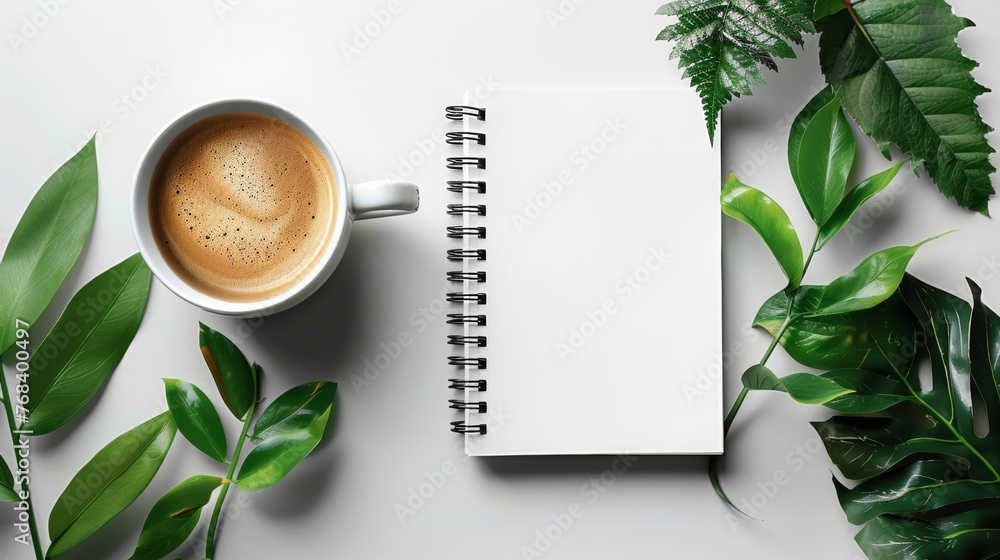 Blank white spiral notebook on table surrounded by coffee and green leaves, in flat lay photography style with minimalist aesthetic, taken from top view perspective on white background. - obrazy, fototapety, plakaty 