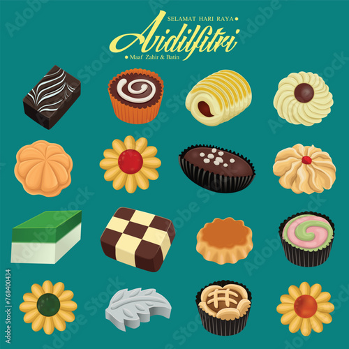 Hari Raya Aidilfitri background design with Kuih Raya. Malay means Fasting day celebration, I seek forgiveness, physically and spiritually.