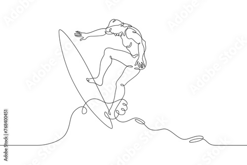 One continuous line. Surfer on the crest of a wave. A man rides a surfboard. Athlete surfer in the sea among the waves. One continuous line is drawn on a white background.