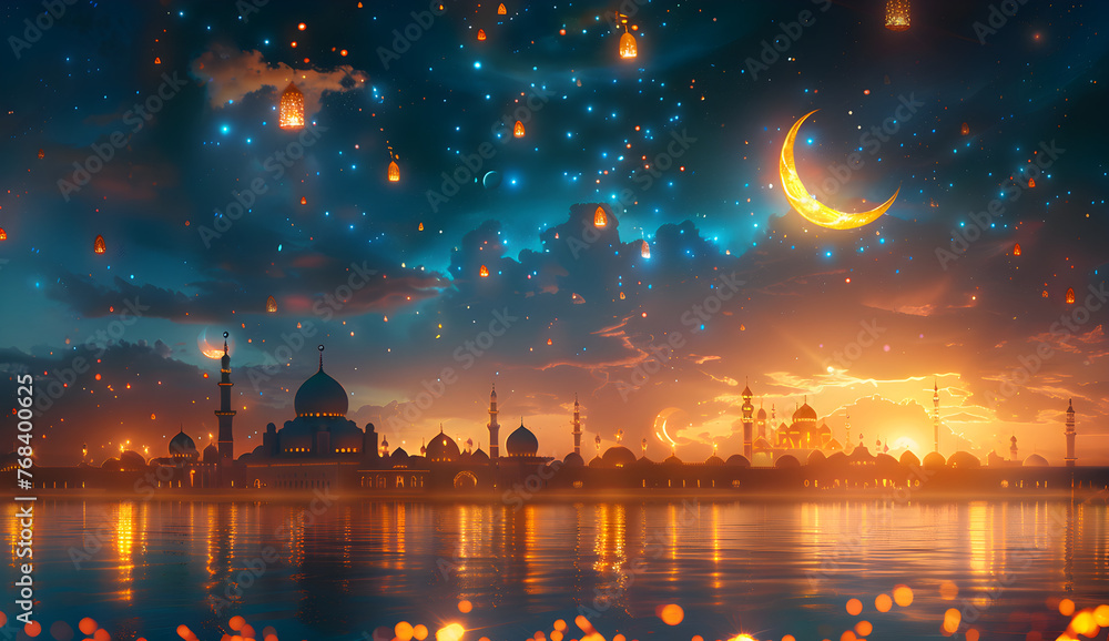Islamic background with moon lanterns and mosque for Ramadan Eid ul ...