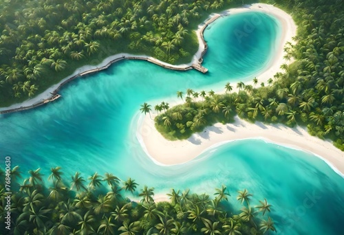 A breathtaking aerial view of a tropical paradise, with turquoise waters, white sandy beaches, and lush green palm trees. OCEAN. sea. vacation. bird's eye view