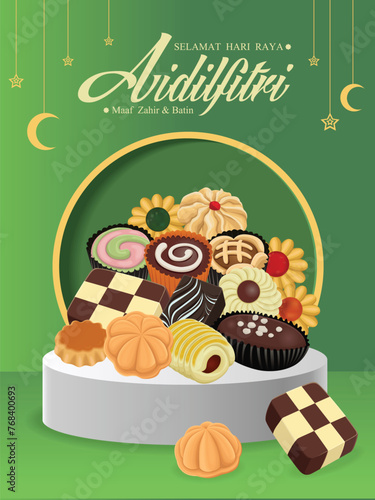 Hari Raya Aidilfitri background design with Kuih Raya. Malay means Fasting day celebration, I seek forgiveness, physically and spiritually.
