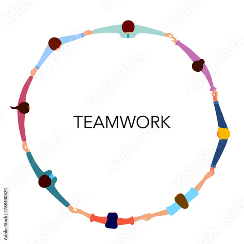 Business people team man and woman group holding arms in circle. Aerial top view. Teamwork, unity, togetherness.