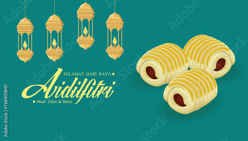 Hari Raya Aidilfitri background design with Kuih Raya. Malay means Fasting day celebration, I seek forgiveness, physically and spiritually.