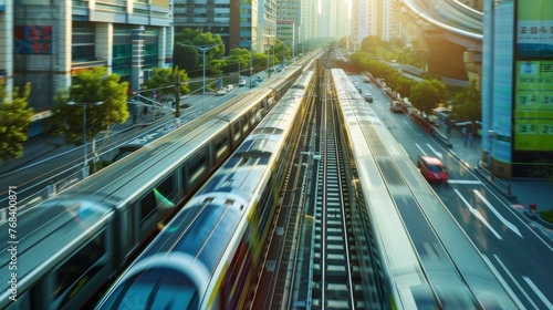 A montage of various solarpowered public transportation options such as trains trams and buses all zooming along their respective . AI generation.