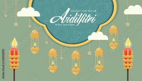 Hari Raya Aidilfitri background design with Oil Lamp. Malay means Fasting day celebration, I seek forgiveness, physically and spiritually. photo