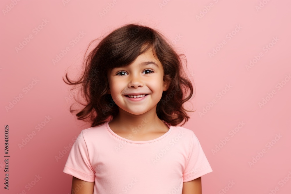 Portrait of a smiling little girl in a pink t-shirt on a pink background Portrait of a smiling little girl in a pink t-shirt on a pink background