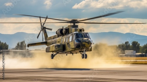 IAR-330 Puma military helicopter Air Forceslaunches thermal traps on the Aurel Vlaicu airport in Bucharest during an air show. photo