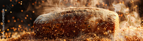 Steam rises from a freshly baked, dense dark bread with a crunchy crust, grains sprinkled around it