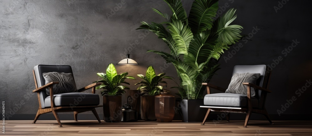 A dimly lit room featuring a single chair, a potted plant, and a glowing lamp, creating a serene ambiance