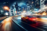 High-speed D car racing on a nighttime highway in a modern city within a racing simulator game. Concept Car Racing, High-speed Gameplay, Nighttime City, Racing Simulator, Modern Graphics