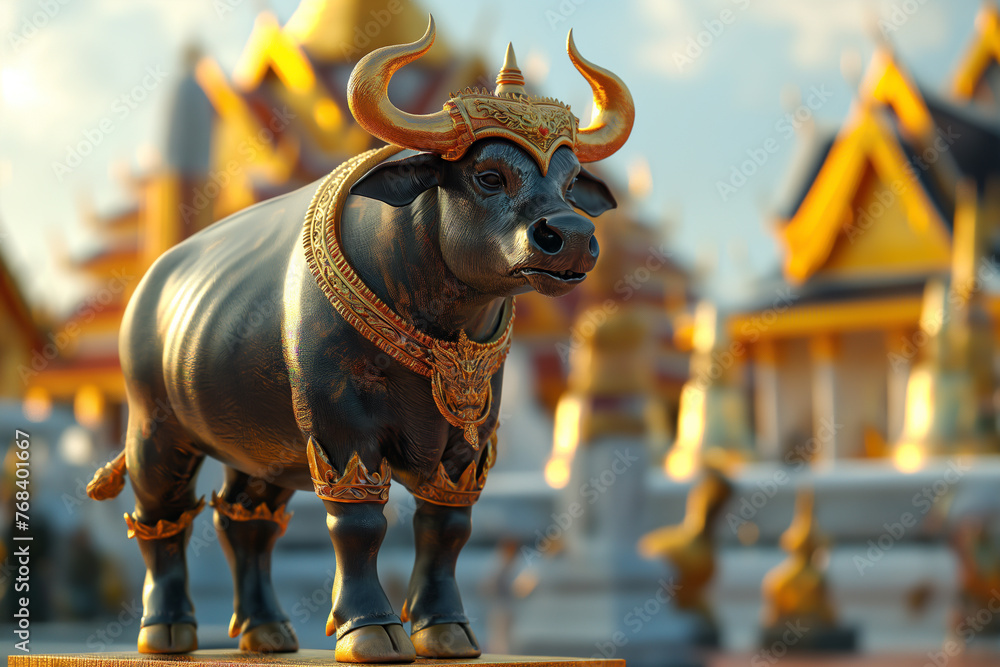 Cow and buffalo statues in Thai style with beautiful, delicate patterns, intricately carved, and intricately carved statues in temples. Cow and buffalo statues in Thai style with beautiful, delicate patterns, intricately carved, and intricately carved statues in temples.
