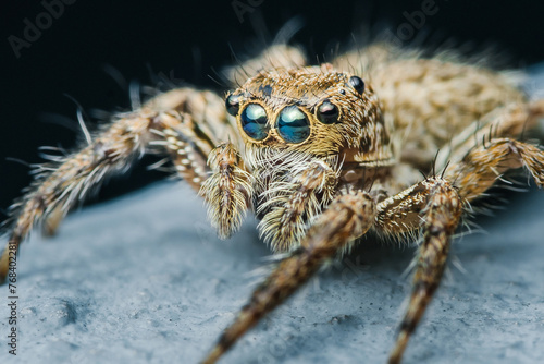 Close up a colorful jumping spider on cement floor, Selective focus, macro shot, Thailand.