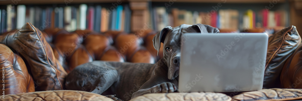 Great Dane Dog in Business Working on Laptop,
Full length of great dane dog lying down on wooden floor and using laptop 3d image - obrazy, fototapety, plakaty 