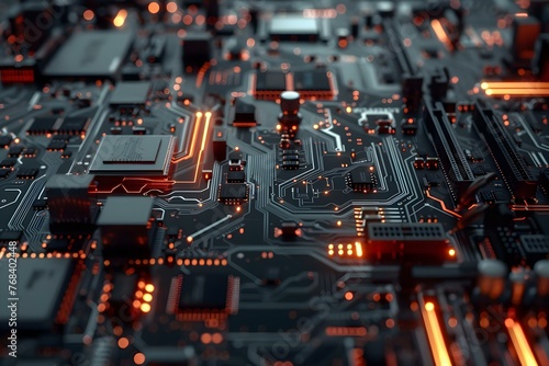 Exploring the Intricate Design and Advanced Technology of a Computer Circuit Motherboard. Concept Computer Technology, Motherboard Design, Advanced Circuits, Intricate Components