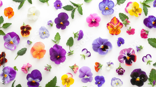 Top view of a vibrant collection of viola pansy flowers and leaves on a white background