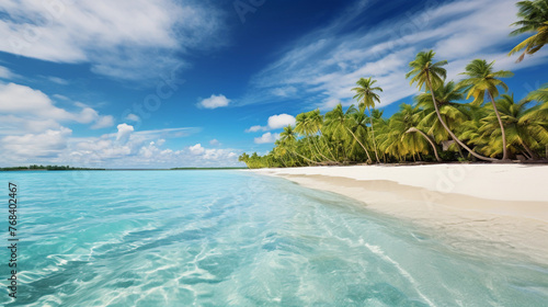 A beautiful exotic beach with palm trees, white sand and blue water.  © Johannes