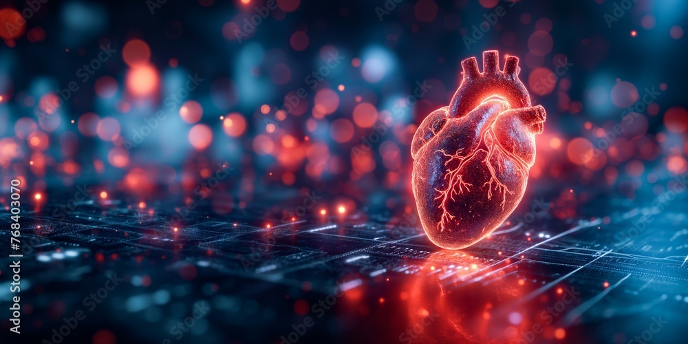 A heart is lit up in a blue and red background. The heart is surrounded by a glowing, blurry background A heart is lit up in a blue and red background. The heart is surrounded by a glowing, blurry background