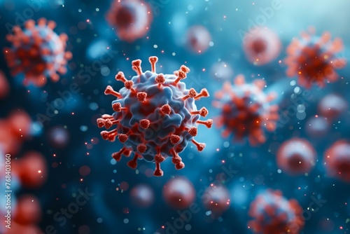 A close up of a virus with red and white colors. The virus is surrounded by a blue background