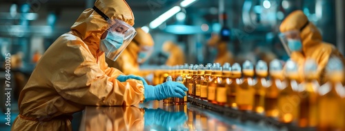 A worker in a yellow suit is wearing a mask and gloves. He is working in a factory with other workers