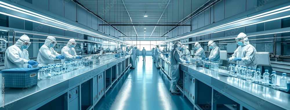 Fototapeta premium A group of people in white lab coats are working in a large room. The room is filled with various bottles and vials, and the workers are focused on their tasks. The atmosphere is serious and focused