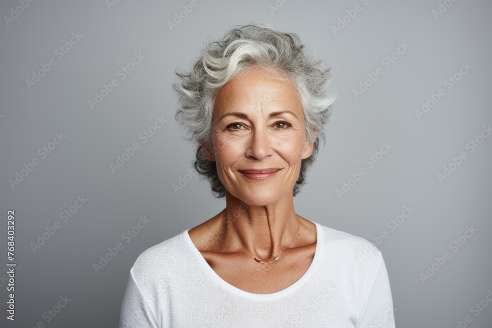 Portrait of smiling senior woman with grey hair, posing in studio. Portrait of smiling senior woman with grey hair, posing in studio.