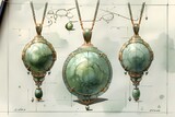 jewelry design draft. a round jade pendant inlaid with gold, the green, jjewelry design draft, includes three views, Chinese style, Nephrite,apple green, minimalist 