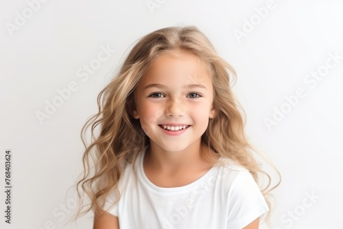 portrait of a beautiful little girl with long blond hair on a white background