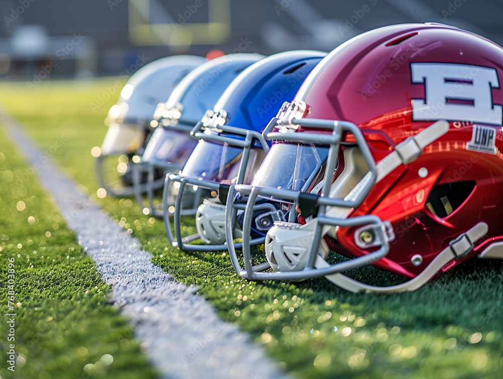 American football helmets at the artificial grass playing field American football helmets at the artificial grass playing field