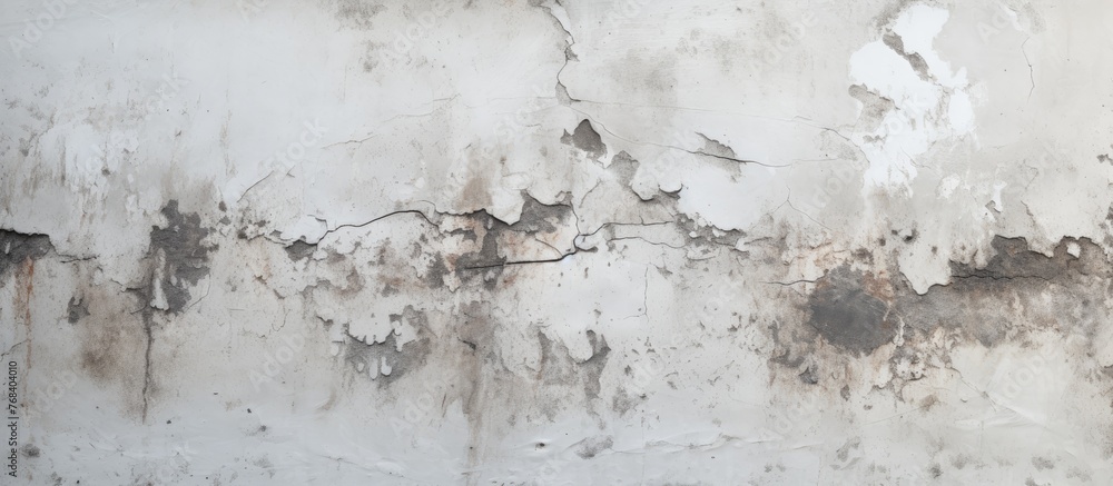 A close up of a white wall with peeling paint resembling a snowcovered landscape. The paint is cracking like freezing water in an art event - obrazy, fototapety, plakaty 