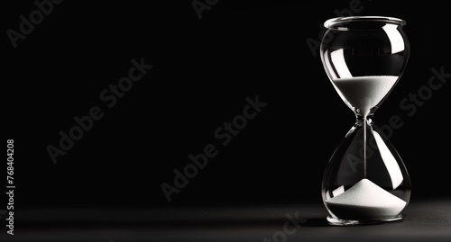 Hourglass on a black background, shown in closeup view with copy space.