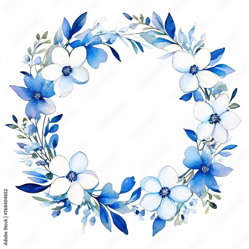 Fototapeta premium watercolor-painted-may-white-flowers-blue-flower-wreaths(1).Generative AI