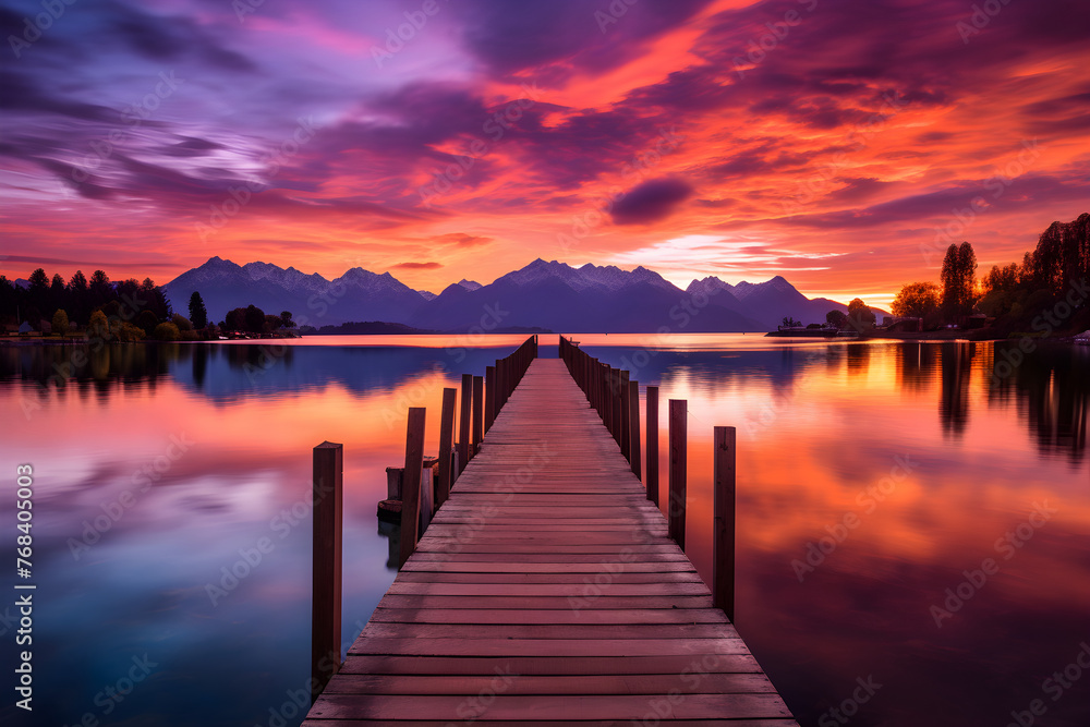 Stunning Display of a Fiery Sunset Over the Peaceful Waters and Majestic Mountain Ranges - A Captivating Visual Treat by DG Designer - obrazy, fototapety, plakaty 