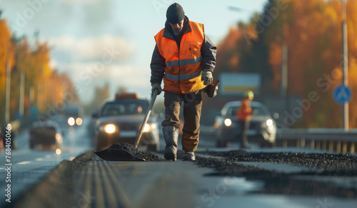 Man in safety vest repairing asphalt road with Shovel