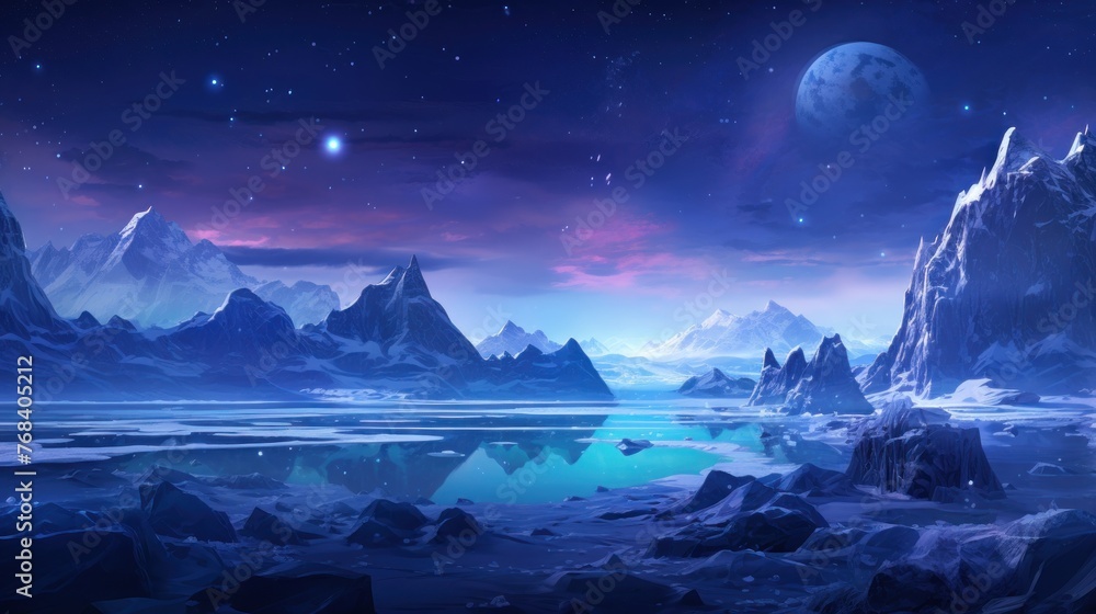 
Illustrate an icy and alien planet with towering ice spires, frozen lakes, and an alien sky filled with unfamiliar constellations game art
