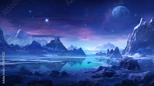  Illustrate an icy and alien planet with towering ice spires, frozen lakes, and an alien sky filled with unfamiliar constellations game art