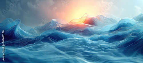 A background of rolling waves with the sun rising in an ocean scene. The colors should be soft and ethereal, with shades of blue and white.. Created with Ai