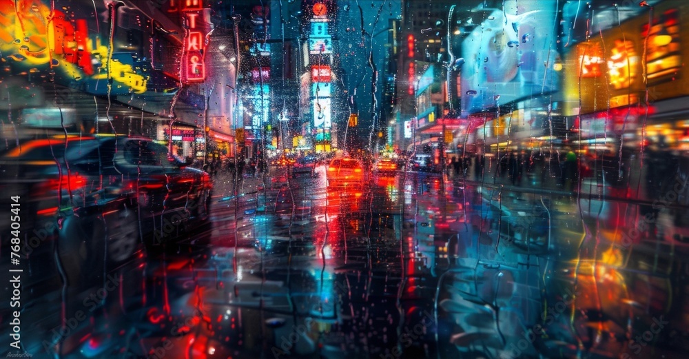 Neon lights from nearby stores and street signs are blurred by the torrential downpour creating a dreamlike atmosphere as the rain reflects off of the glossy surfaces of the
