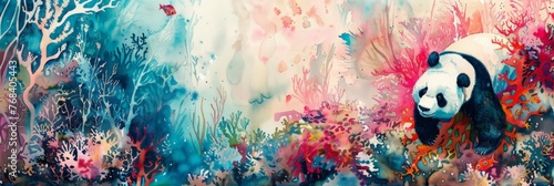 Watercolor painting of a panda, abstract underwater background. The giant panda's distinctive feature is the black fur around its eyes, ears, shoulders, and four legs. The rest consists of white fur.