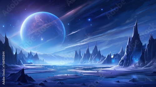  Illustrate an icy and alien planet with towering ice spires, frozen lakes, and an alien sky filled with unfamiliar constellations game art