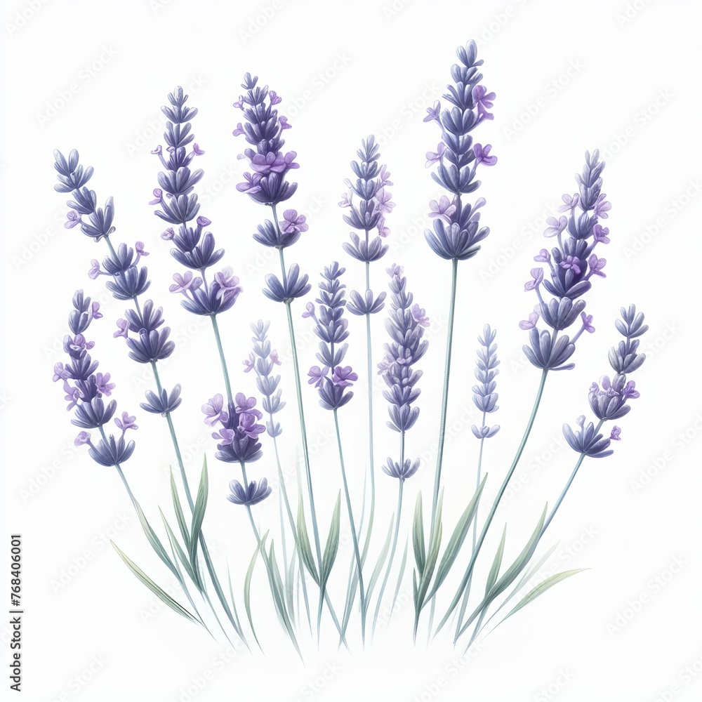 Naklejka premium Watercolor lavender sprigs with a white background – Simple lavender spikes