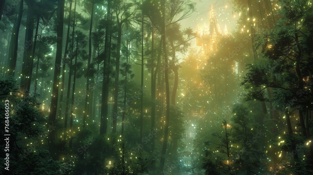 A magical forest filled with tall trees and sparkling streams. The first light of dawn filters through the treetops creating a serene and ethereal scene as it dances on the
