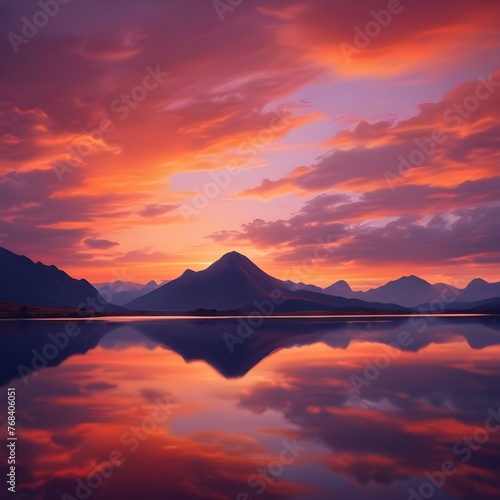 a view of lakes and mountains with sunset
