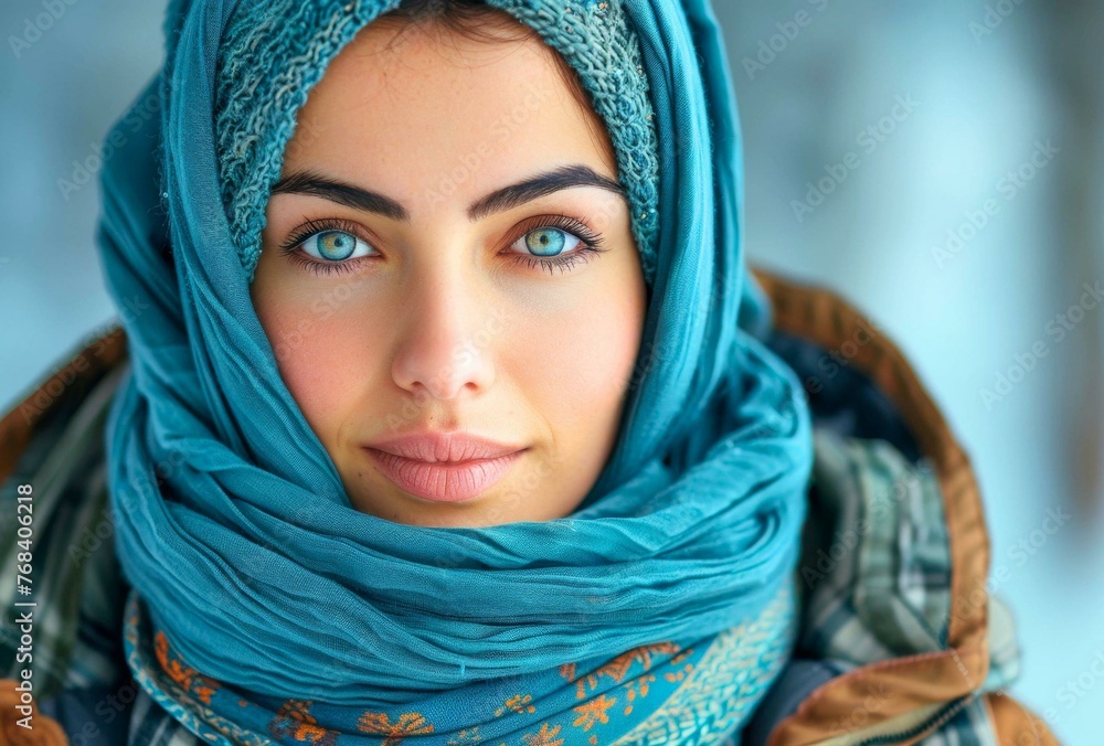 A beautiful Muslim girl in a hijab on a blurred background in a close-up. A banner A beautiful Muslim girl in a hijab on a blurred background in a close-up. A banner