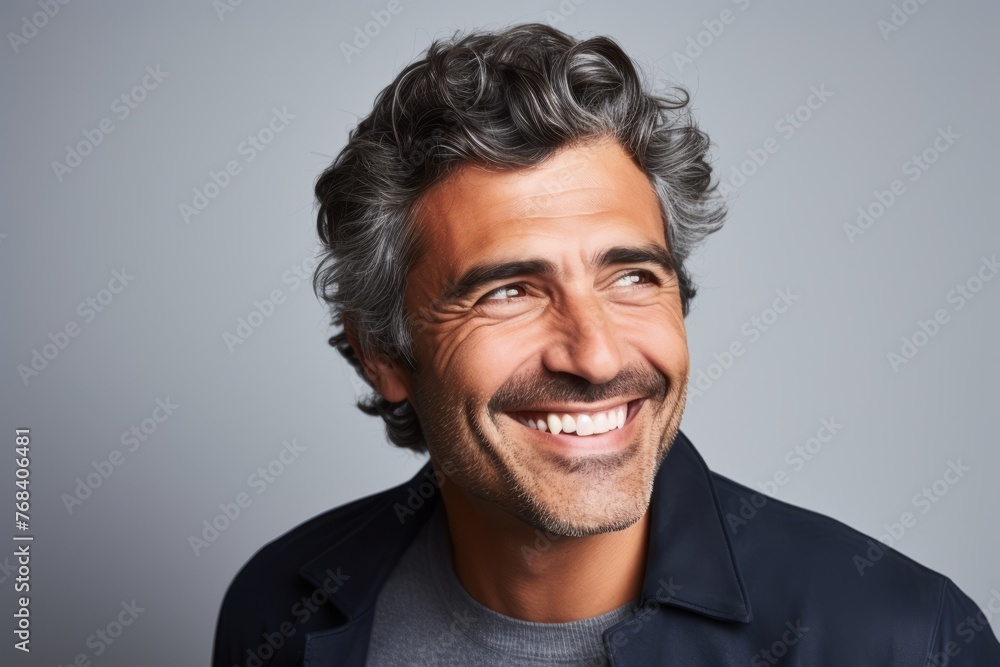 Portrait of a handsome middle-aged man laughing against grey background Portrait of a handsome middle-aged man laughing against grey background