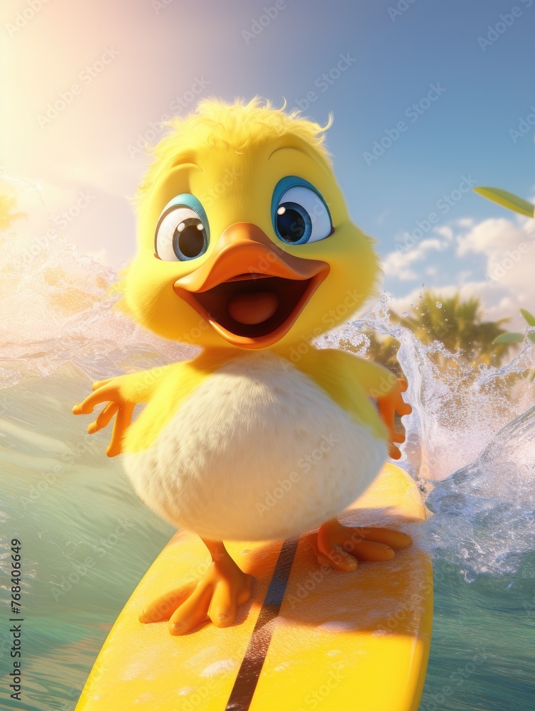 Cartoon Duck Riding a Surfboard in the Water Cartoon Duck Riding a Surfboard in the Water